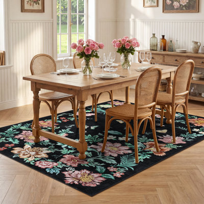 Tapis floral résistant aux taches, tapis antidérapant et à poils courts, tapis lavable pour le salon, la chambre à coucher et la salle à manger