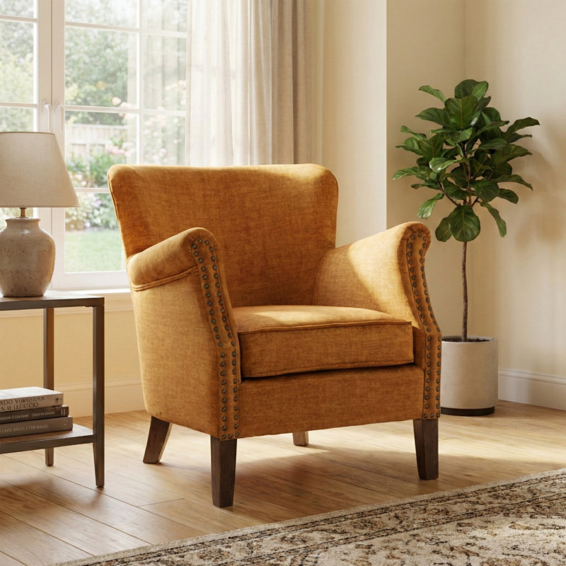 Velour Upholstered Armchair, Amber