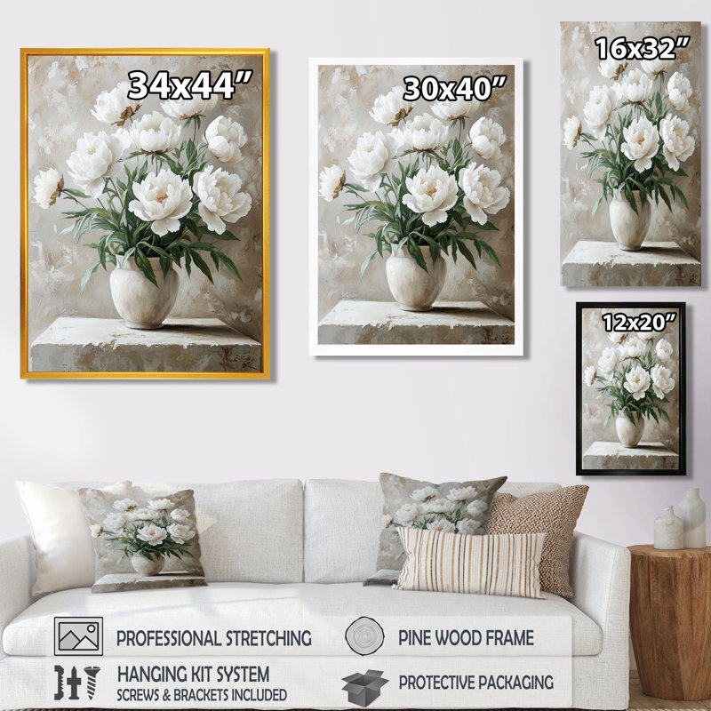 Buechler Simplicity, pivoines et vase Bloom II - pivoines, art mural, H 20 po x l 12 po, Reproduction avec cadre flottant
