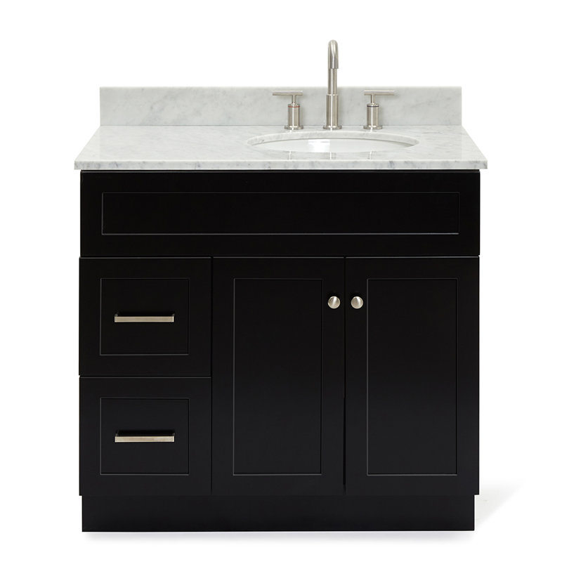Partham 37'' Single Bathroom Vanity with Carrara Marble Top, Black