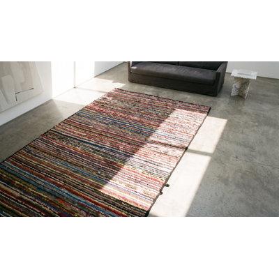 Small Colorful Stripped Antique Modernist American Hooked Area Rug