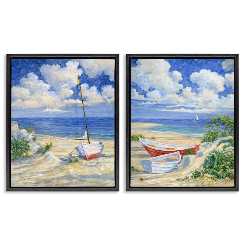 «Row Boat on Sandy Beach», ensemble de 2 toiles flottantes encadrées par Paul Brent, Cadre flottant noir de jais
