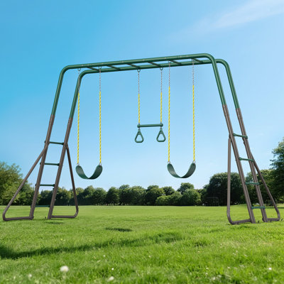 Playground Metal Outdoor Swing Set With 2 Belt Swings, Gym Rings, And Climbing Ladder For Kids