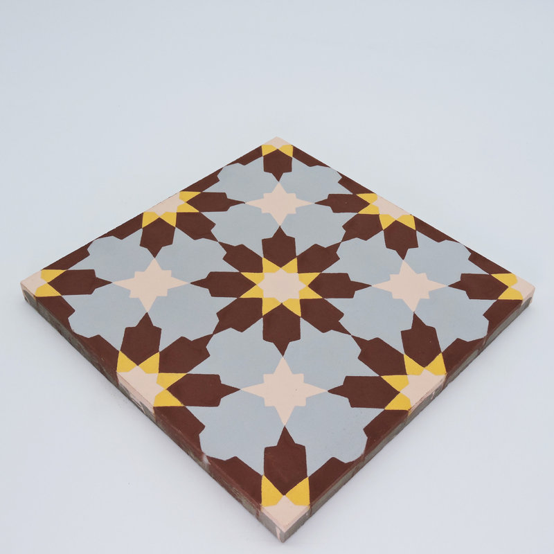 Ahfir 8" x 8" Cement Singular Wall & Floor Tile, Brown/Blue/Yellow