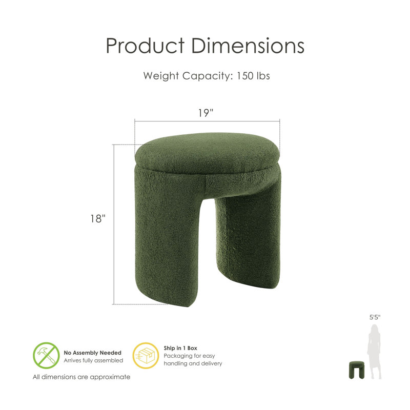 Bowen 18"W Upholstered U-Shaped Accent Ottoman, Green Faux Shearling Teddy Fabric