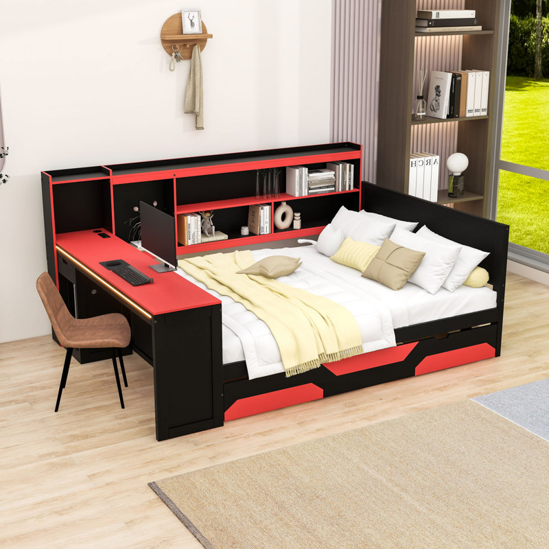 Lit de jour de jeu intégré avec bureau intégré, éclairage d'ambiance et tiroirs de rangement, Grand lit, Noir / Rouge