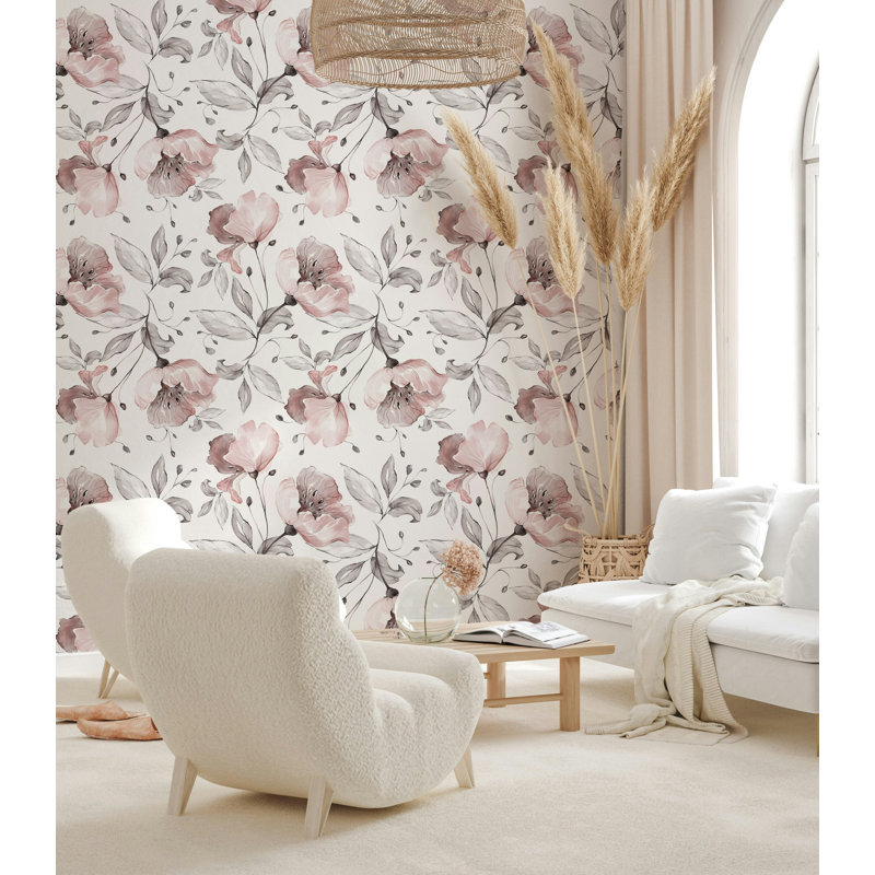 Papier peint floral aquarelle rosé sur fond blanc, L 100 po x l 150 po