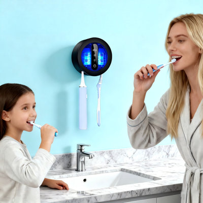 3.74"x3.74"x1.97"Wall Mounted UV Toothbrush Cleaner and Holder with LED Smart Screen, Drying Function for Electric and Manual Brushes, (Black)
