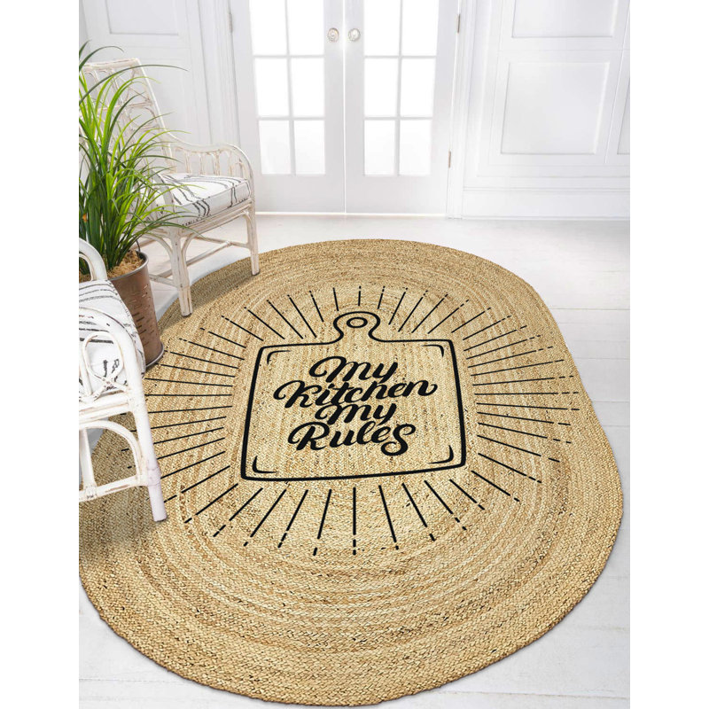 Tapis beige / noir en jute tissé à la machine, Ovale 2 pi 11 po x 4 pi 11 po