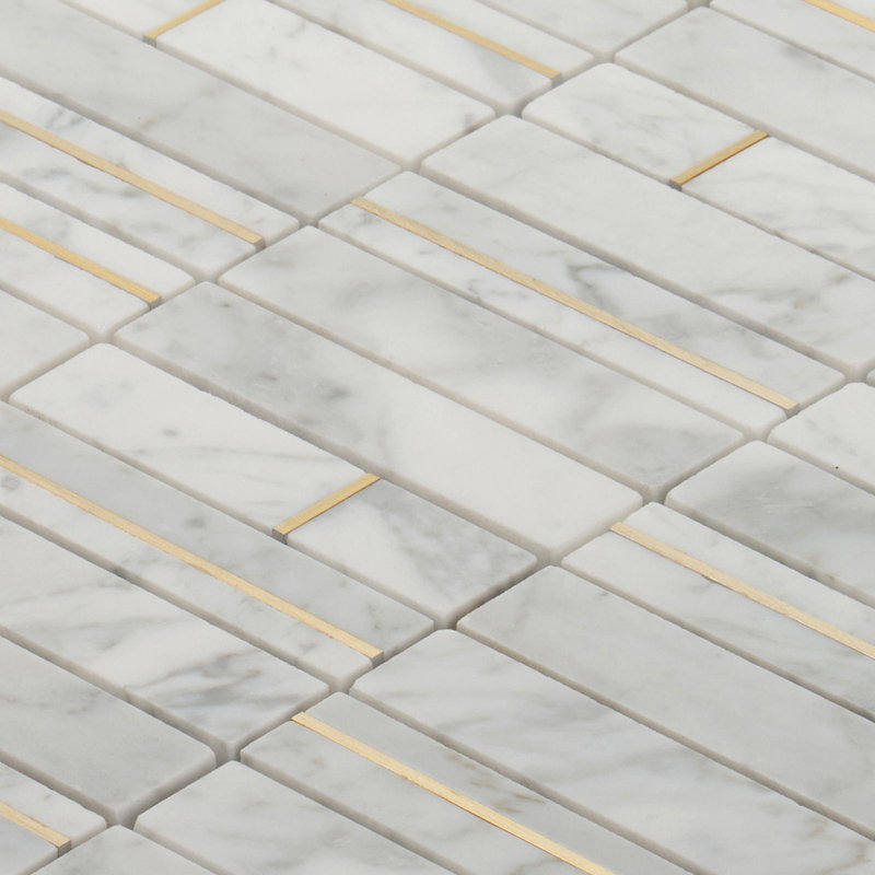 Gold Inlay White Carrara Stacked Mosaic Tile Backsplash