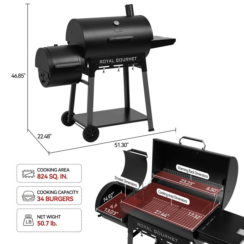 Barbecue au charbon de 28 pouces avec fumoir décalé Royal Gourmet