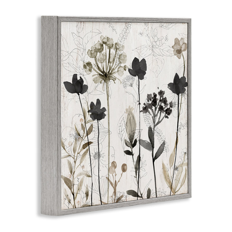 Abstract Overlapping Flower Sprigs Gray Framed Giclee Art by Livi Finn, 17" H x 17" W, Farmhouse Gray Framed Giclee