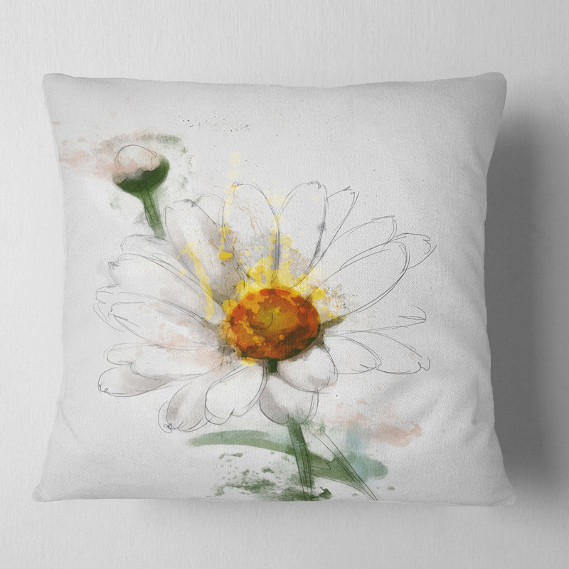 Aquarelle de camomille dessinés à la main - coussin décoratif imprimé floral, 16 po x 16 po, Carré