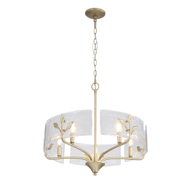 Luminaire suspendu Mohni avec verre d'eau martelé, H 25,5 po x l 24 po x P 24 po, 5 lumières, Or blanc