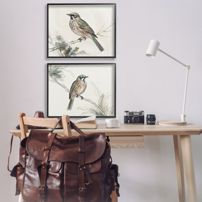 Perched Bird Wildlife Illustrations 2 Piece Framed Giclee Art Set, design by LSR Creative Studio