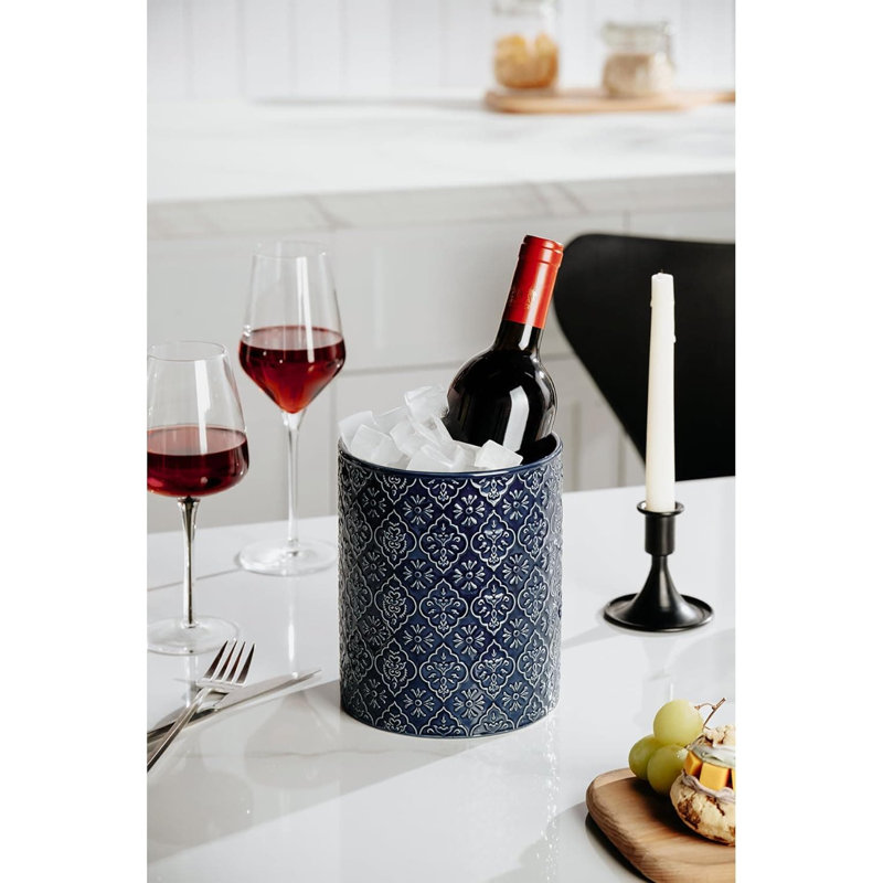 6x7 inch Large Ceramic Utensil Holder (Blue, Embossed Pattern), Blue