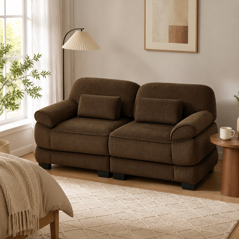 Canapé modulable deux places Lunvella 76,4 po en velours côtelé avec dossiers réglables, coussins d'accoudoirs et coussins lombaires amovibles