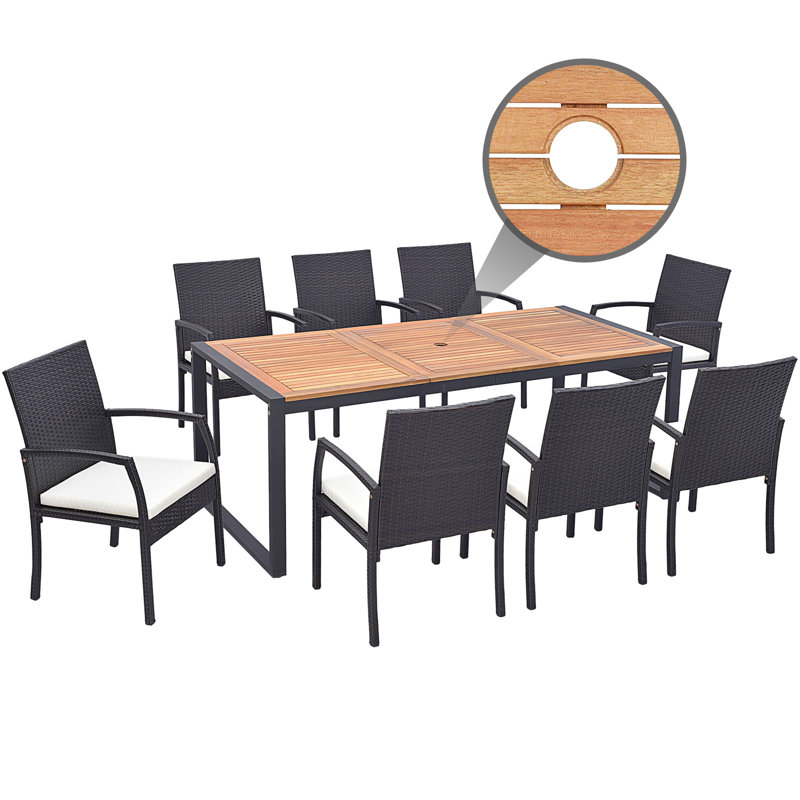  Set of 9 Patio Rattan Dining Set w/ Acacia Wood Table 1.9'' Umbrella Hole