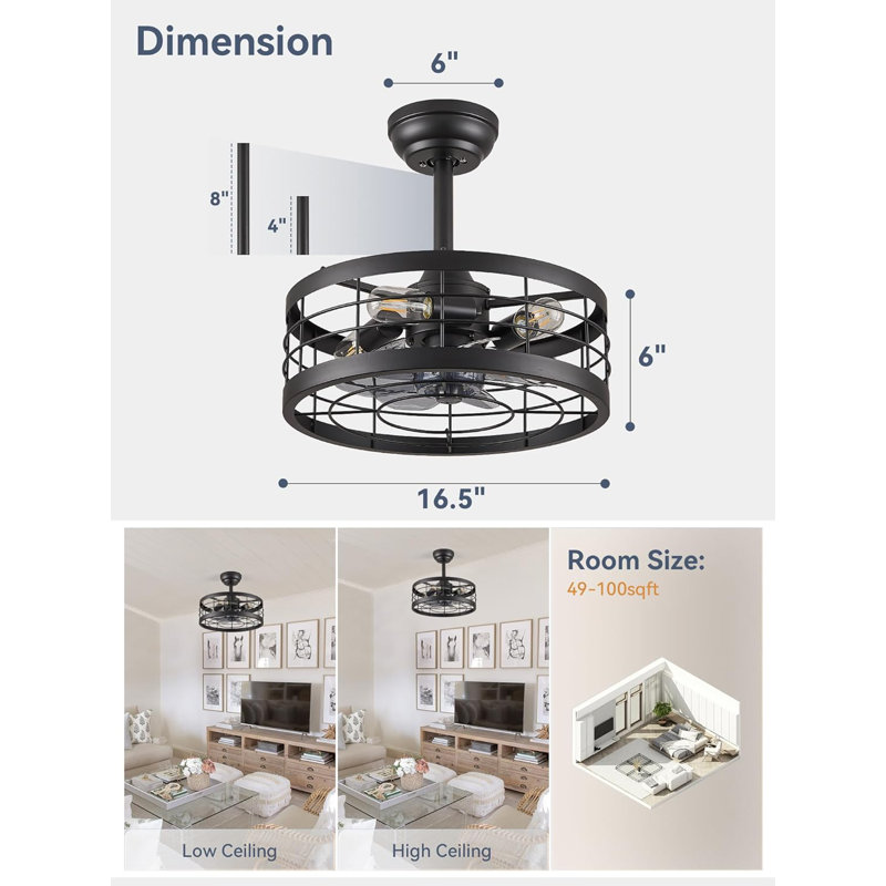 Black Caged Ceiling Fan With Light, Fandelier Industrial Ceiling Fan With Remote, Farmhouse Fan Lights Ceiling Fixtures For Kitchen, Bedroom, Outdoor(6 Speed, Timing)-Black