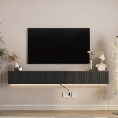 Meuble télé flottant, meuble télé mural avec lumières DEL et prise de courant, meuble télé ultrabrillant pour meuble télé pour salon