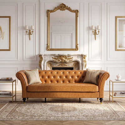 Canapé 88,5 po classique en similicuir Chesterfield, canapé 3 places avec capitonnage à boutons profonds, accoudoirs roulés et pieds tournés en bois, imperméable et facile à nettoyer de style Mid-Century moderne