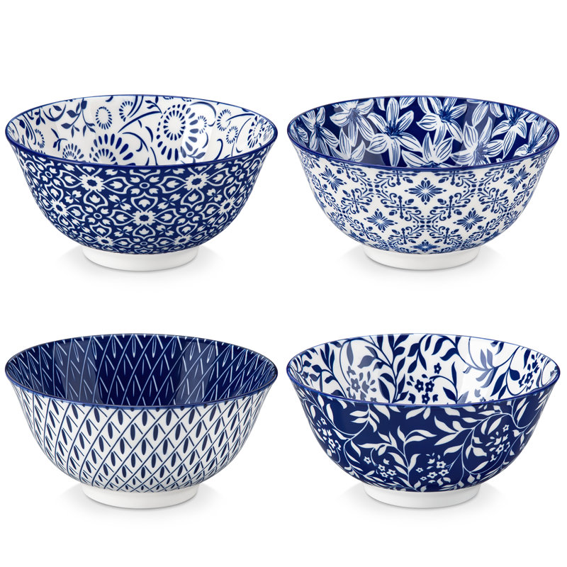 4 Piece Floral Print Cereal Bowl Set,23 Oz Ceramic Bowls,Botanical Decal Design,Mix&Match
