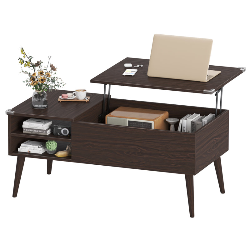 Table basse à plateau relevable en bois avec compartiment caché et tablette de rangement réglable, Espresso, Espresso