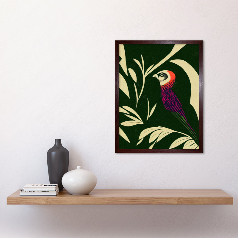Parakeet Tropical Plant Vintage Linocut Pattern - Print, 43cm H x 33cm W x 2cm D, Brown Framed Paper