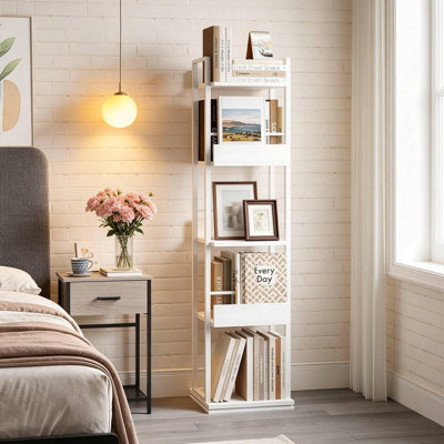 5-Tier 360° Rotating Corner Bookshelf with Guardrail, Tall Narrow Industrial Storage Rack for Living Room Bedroom Home Office