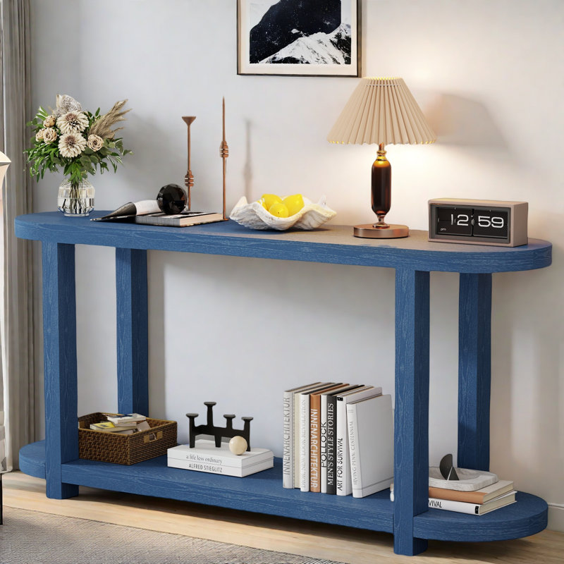 Minimalist Console Table With Oval Desktop And 2-tier Design, Navy