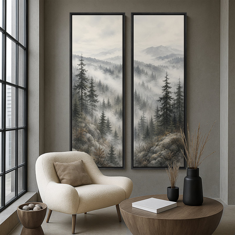 Paysage de forêt de pins de montagne brumeuse – Ensemble de 2 impressions d'art murales encadrées sur toile 60 po x 20 po x 2