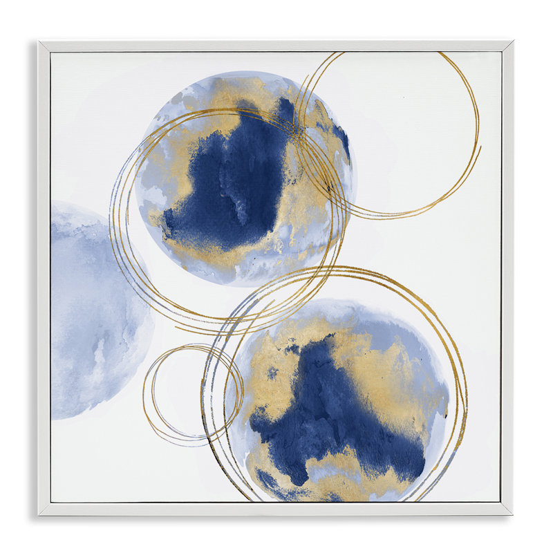 Anneaux d'or et cercle bleu - peinture sur toile, H 17 po x l 17 po, Giclée encadrée blanc bord de mer
