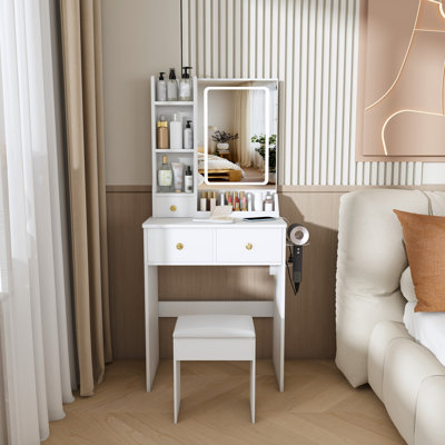 Modern small  Vanity Desk ,featuring 3 modes of LED lighting with adjustable brightness, 3 drawers and multiple open storage shelves