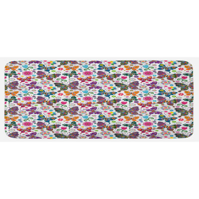Sixties And Seventies Inspired Complex Image With Floral Elements And Butterflies Multicolor Kitchen Mat