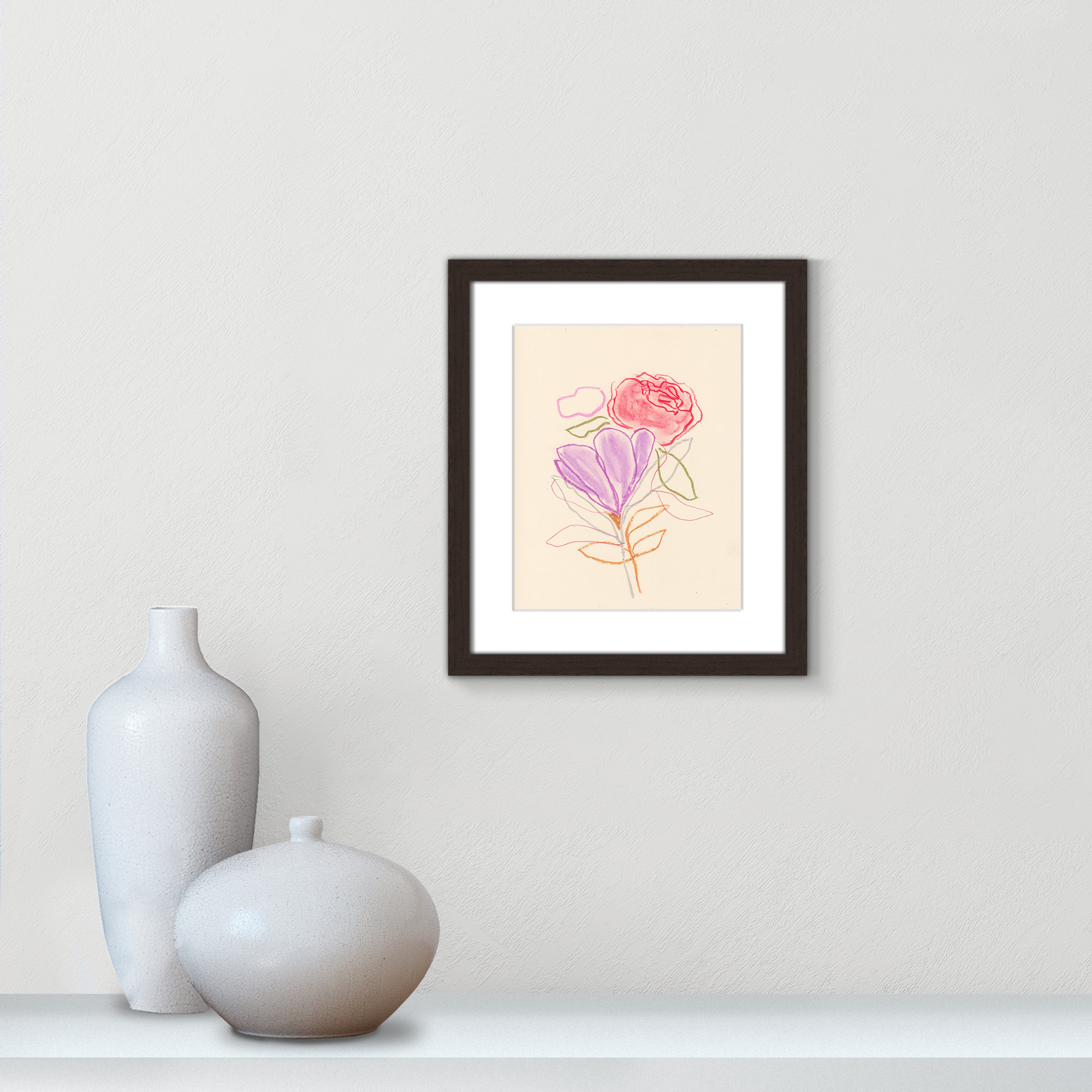 Simple Floral III Print by Bea Dina, Walnut Single Picture Framed Paper, White, 15" H x 13" W x 1.25" D