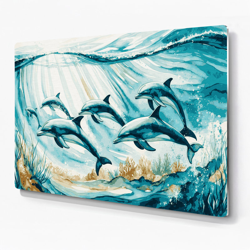 Art mural en métal Coastal Dolphin Pod, 24" H x 36" W