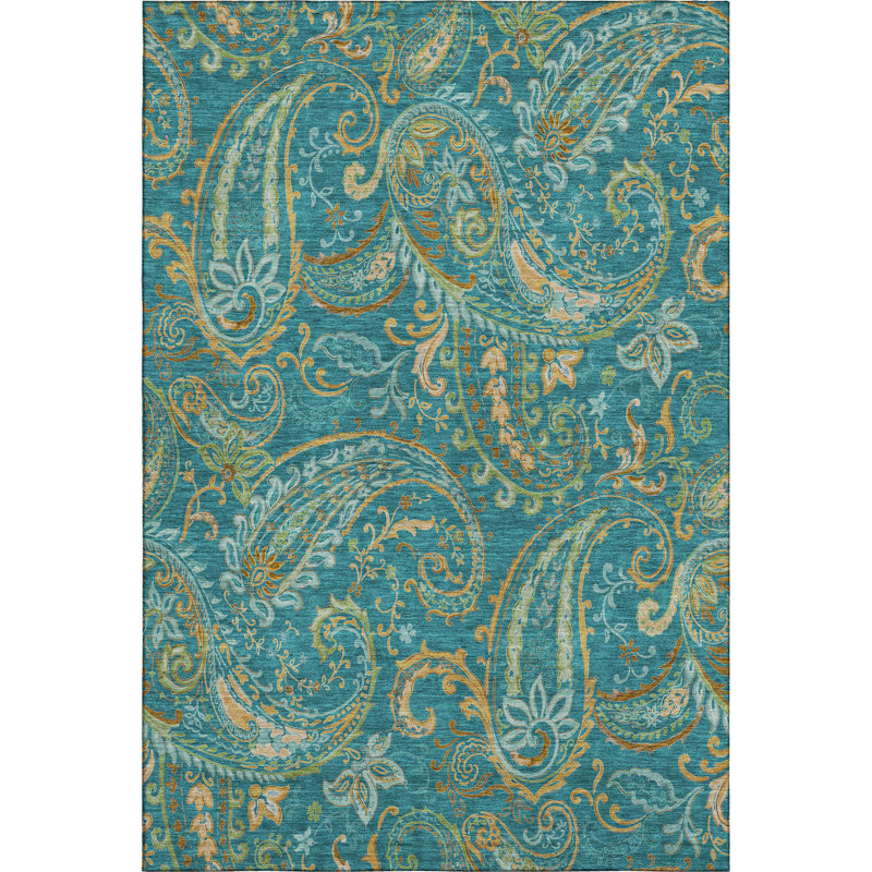 3' X 5' Teal Green And Gold Paisley Washable Area Rug With UV Protection