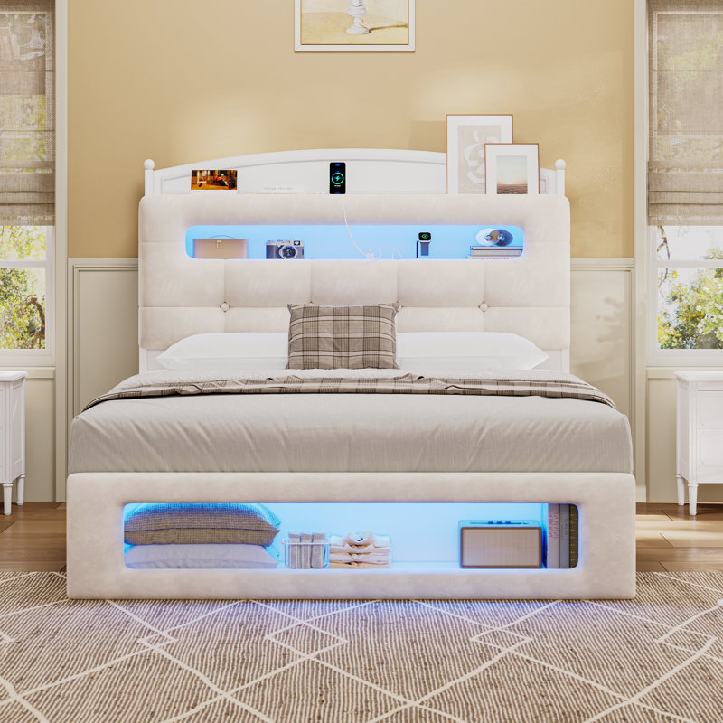 Upholstered Platform Bed Frame With Led Light, Storage Headboard And Footboard, No Box Spring Needed, White, Full