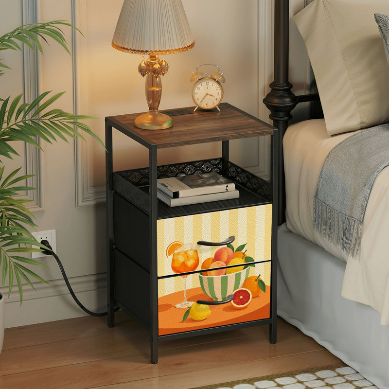 Table de chevet 2 tiroirs avec station de charge, table de chevet pour chambre avec ports USB et amp; Table de chevet noire Outlets Outlet