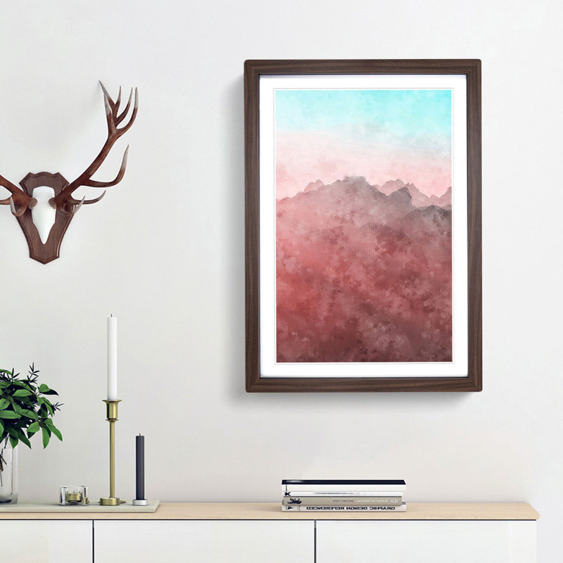 Pink Sunlit Mountains - Picture Frame Graphic Art Print, 45cm H x 33cm W x 2cm D, Walnut Framed