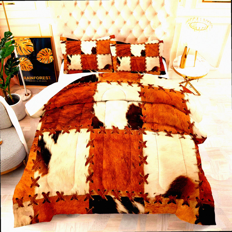 Rustic Cowhide Comforter Set - Queen Size Farmhouse Bedding Bundle with Leather Stitching & Cow Print Design - Includes 2 Pillowcases for Bedroom Decor