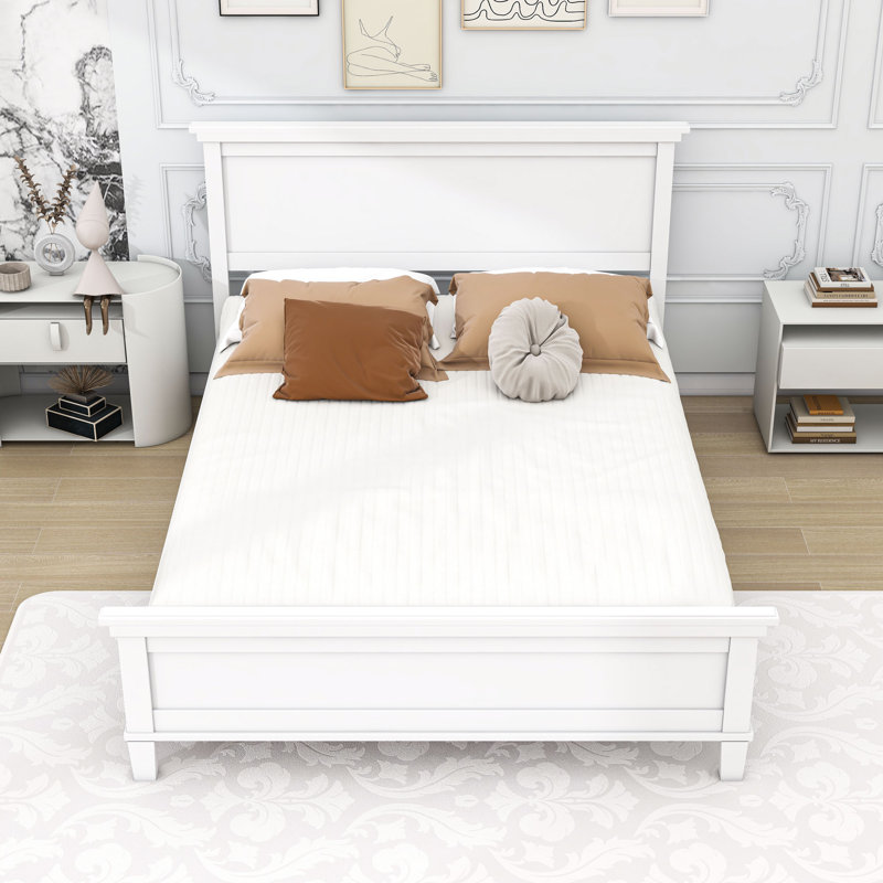 Lit plateforme en bois avec tête de lit à panneau, Blanc, Grand lit
