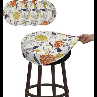 4 Pcs Bar Stool Covers, Luxury Dia.14-16" Round Feeling Printing Stretchy Washable Dustproof Stool Seat Slipcover, M-4 Counts- Flower Printed