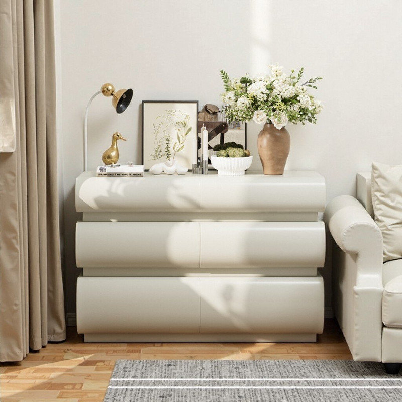 Commode 6 tiroirs en bois d'ingénierie sans poignée avec rangement large et sécurité anti-basculement, Blanc