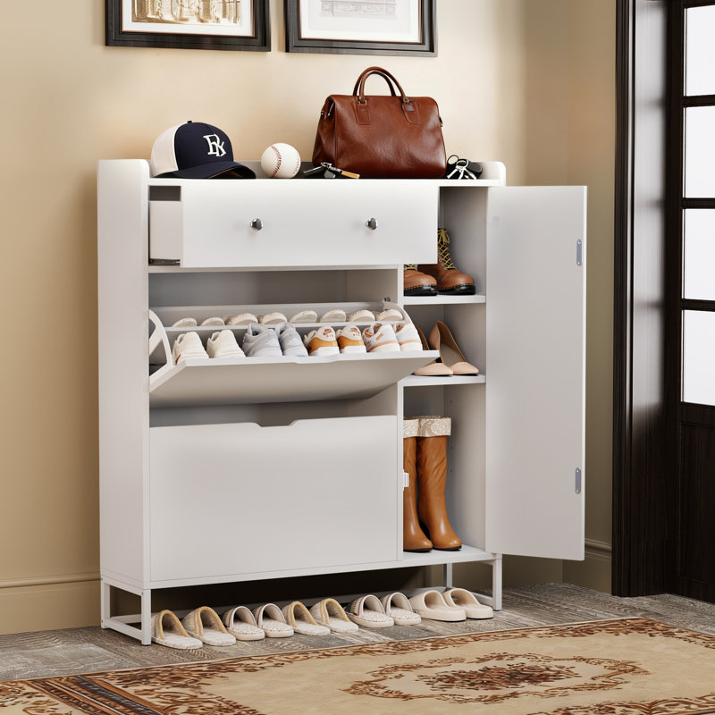 20 Pair Shoe Storage Cabinet With 2 Flip Drawers & 5-Position Adjustable Shelves, White