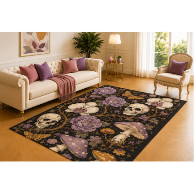 Tapis à tête de mort gothique 5 pi x 7 pi «Ultra Léger», motif floral foncé avec des roses mauves, des papillons de nuit et des champignons forestiers, décoration de sol dramatique pour chambre à coucher, coin-détente ou espace d'Halloween