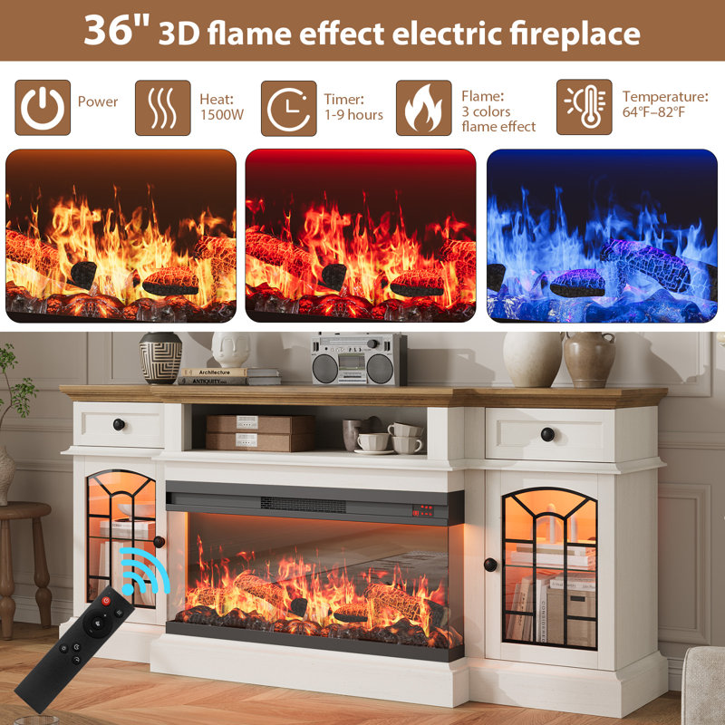 70" Farmhouse Fireplace Tv Stand For Tvs Up To 80", Entertainment Center With 36" 3-side Glass Electric Fireplace With Open Shelf And Cabinet, Tv Console For Living Room, Antique White