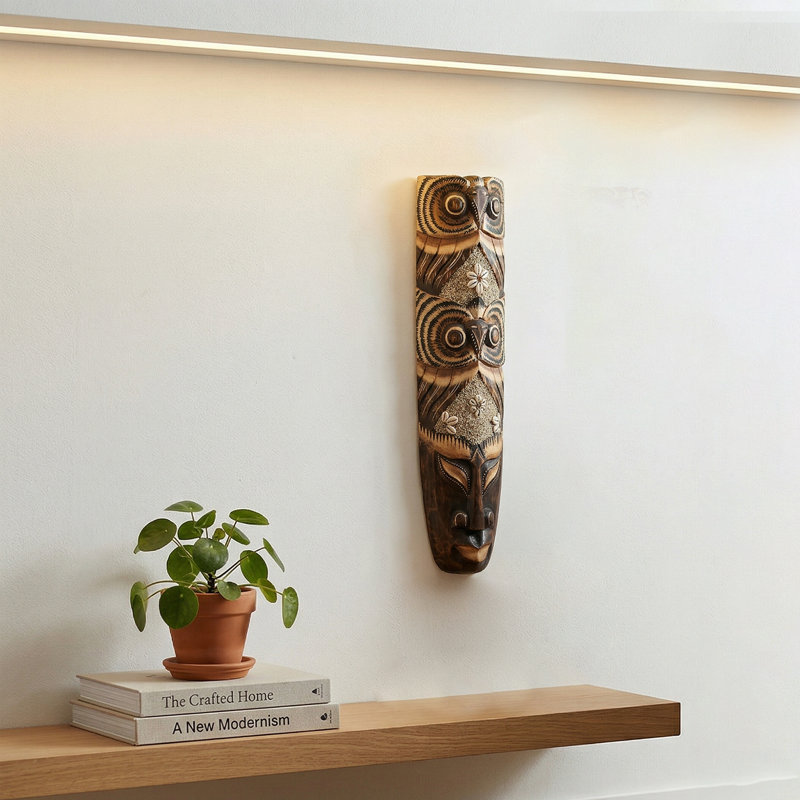 Décoration murale masque tribal hibou, H 20 po x l 5 po x P 2,50 po