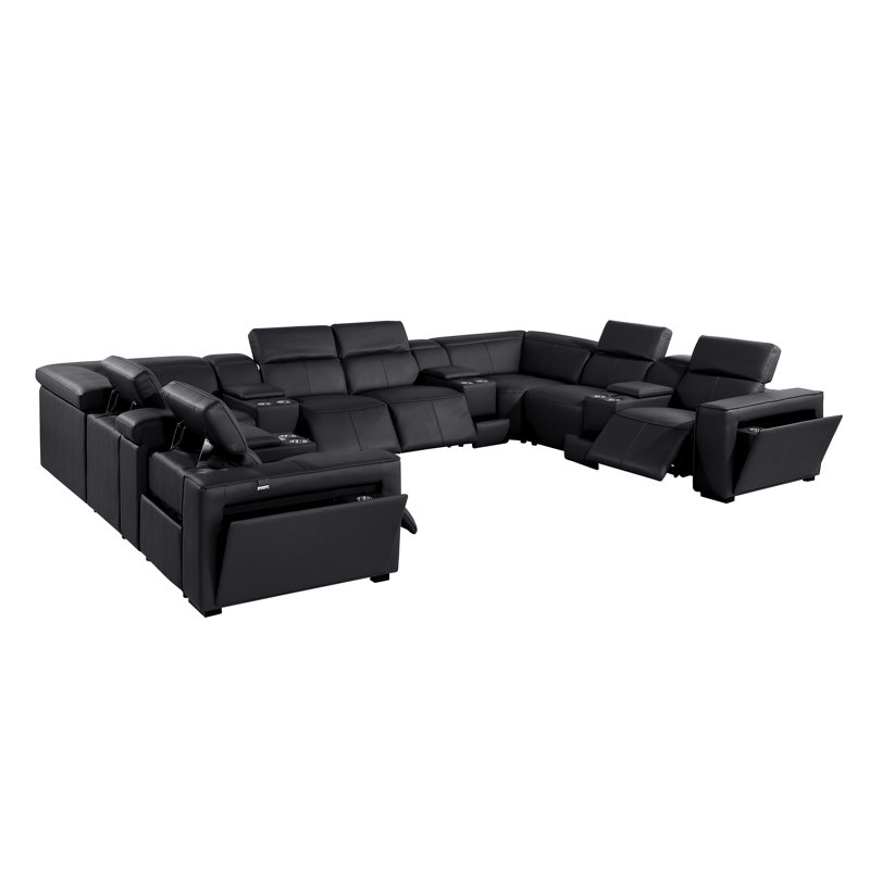 Top Grain Italian Leather 12-Piece U-Shaped Modular Power Reclining Sectional With 4 Power Recliners & Power Headrests