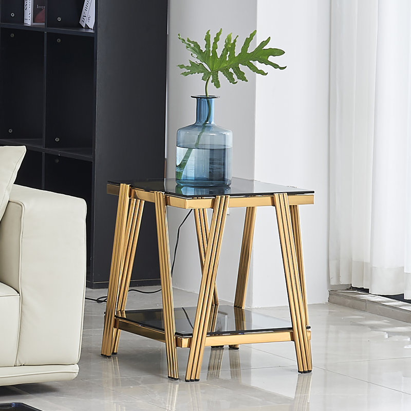 Allyse Glass Top End Table, Black, Gold